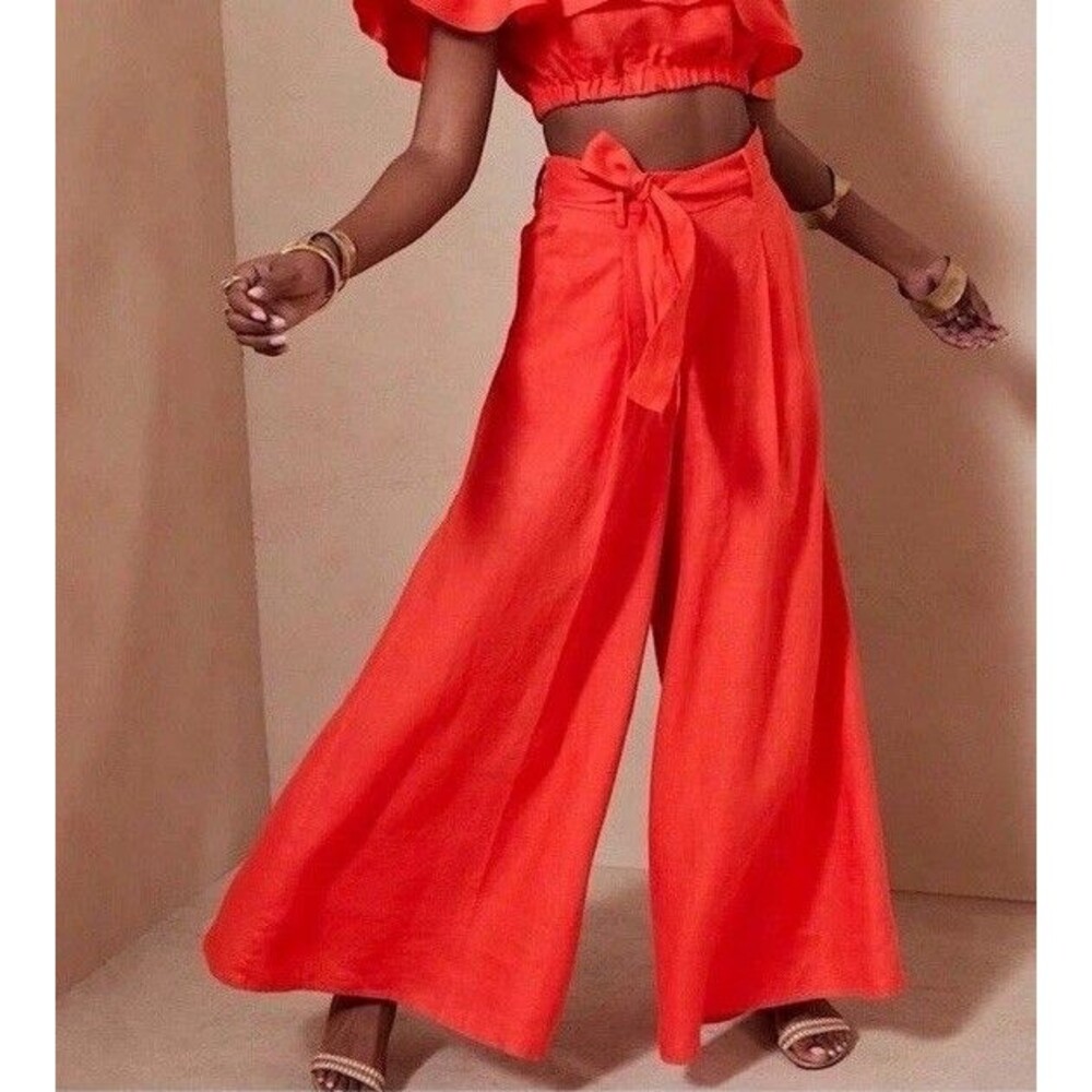 Banana Republic High Rise Wide Leg Linen Pants 12 Palazzo Sedona Coral Orange